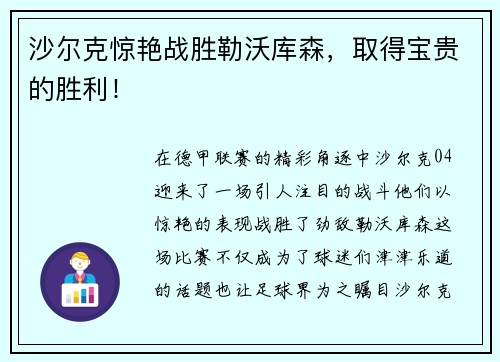 沙尔克惊艳战胜勒沃库森，取得宝贵的胜利！