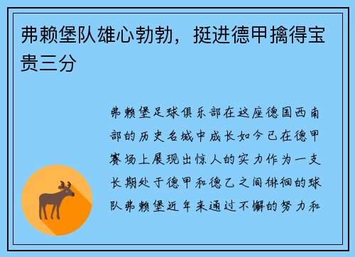 弗赖堡队雄心勃勃，挺进德甲擒得宝贵三分